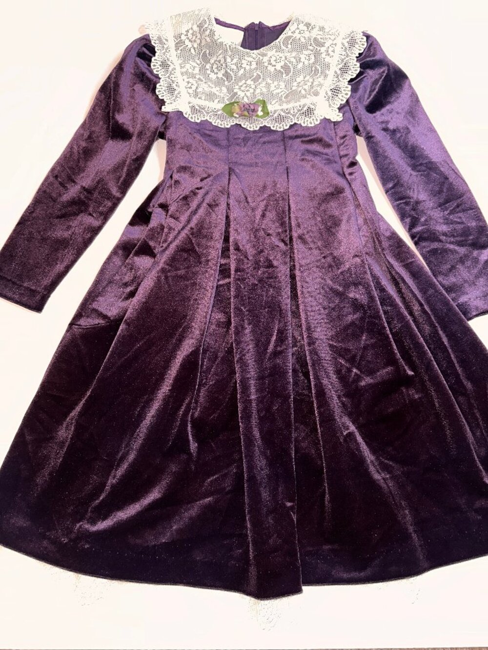 Vintage Bonnie Jean Girls Purple Velvet Dress Cream Lace Collar Pleated Sz 7 690